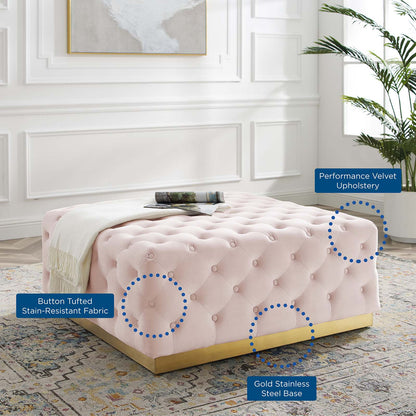 Ensconce Tufted Performance Velvet Square Ottoman, Velvet, Pink, 19779