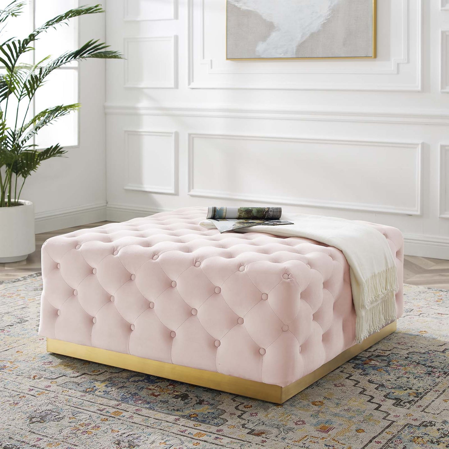 Ensconce Tufted Performance Velvet Square Ottoman, Velvet, Pink, 19779