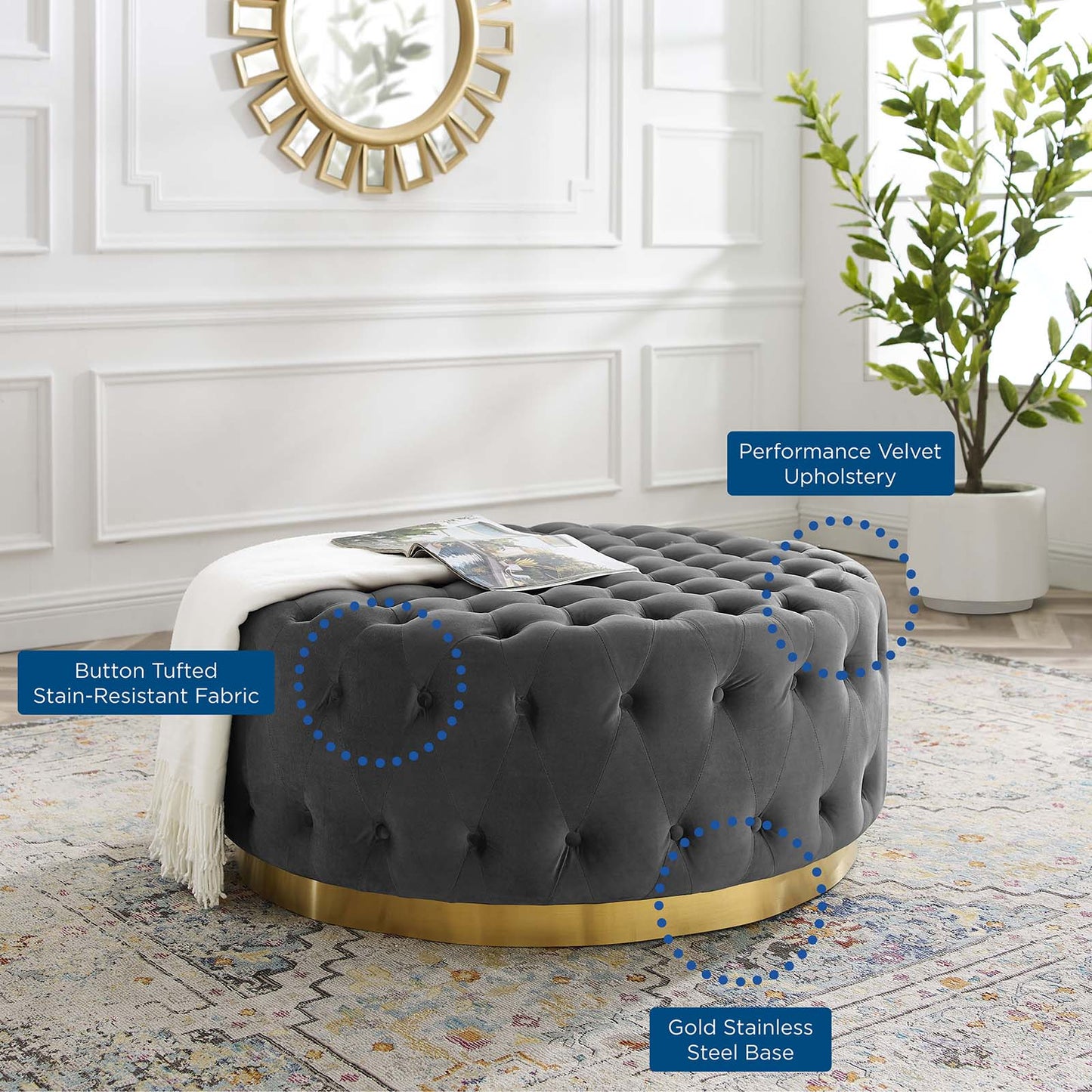 Ensconce Tufted Performance Velvet Round Ottoman, Velvet, Grey Gray, 19780