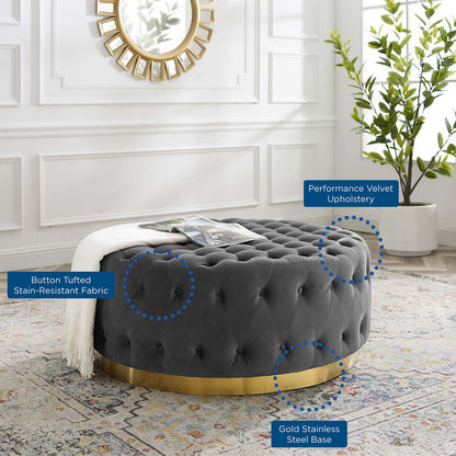 Ensconce Tufted Performance Velvet Round Ottoman, Velvet, Grey Gray, 19780