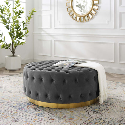 Ensconce Tufted Performance Velvet Round Ottoman, Velvet, Grey Gray, 19780