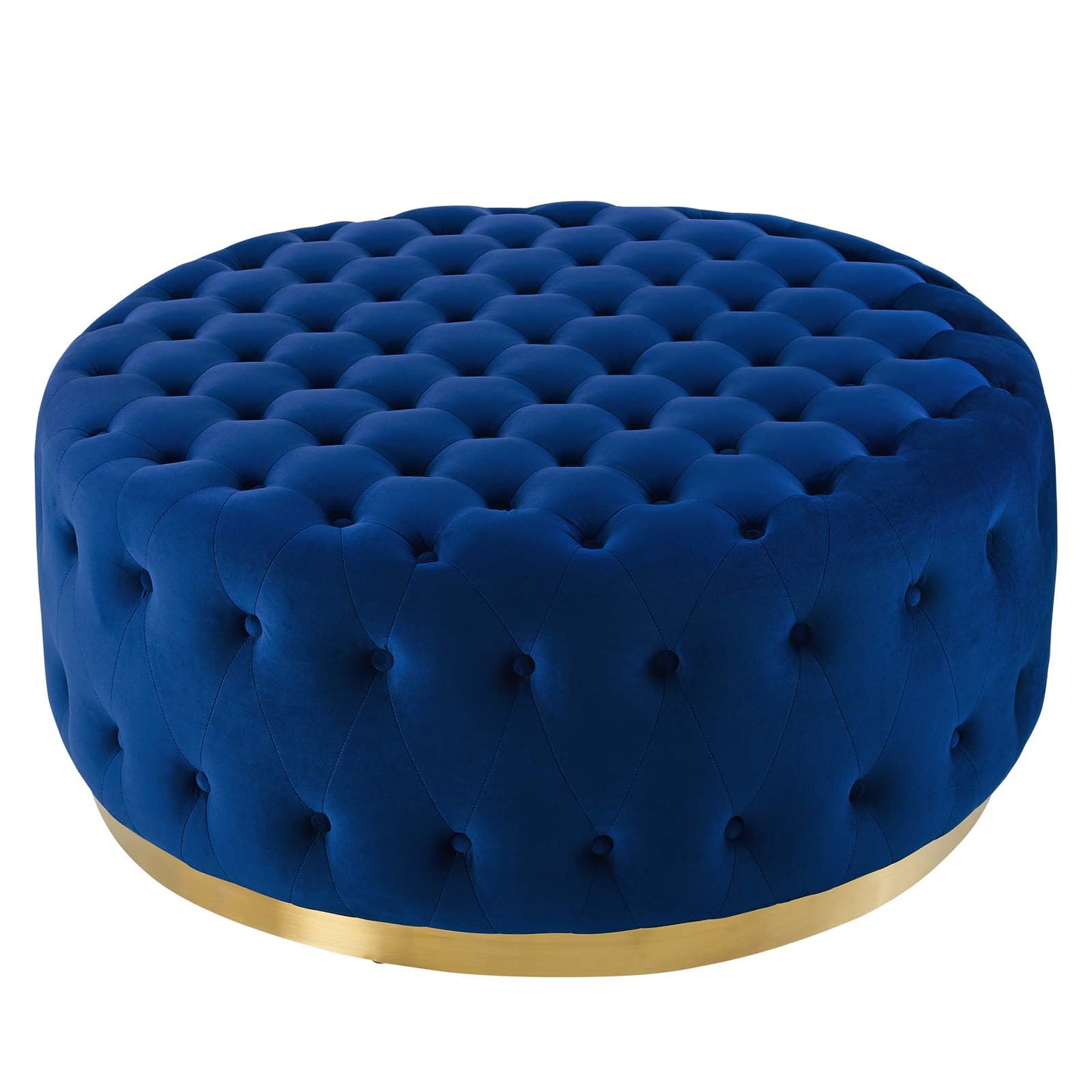 Ensconce Tufted Performance Velvet Round Ottoman, Velvet, Blue Navy, 19781