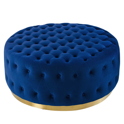 Ensconce Tufted Performance Velvet Round Ottoman, Velvet, Blue Navy, 19781