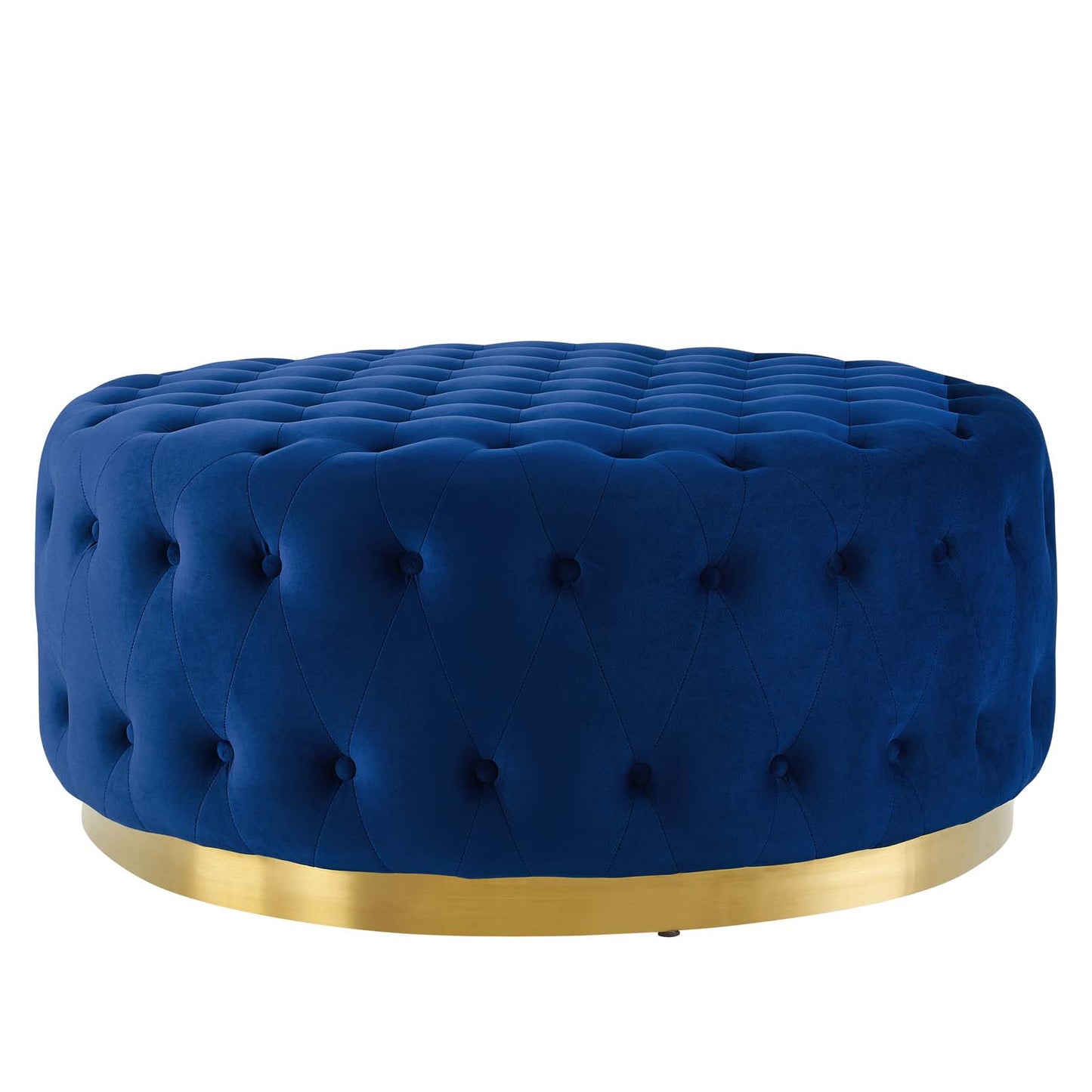 Ensconce Tufted Performance Velvet Round Ottoman, Velvet, Blue Navy, 19781