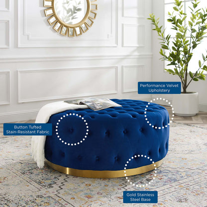 Ensconce Tufted Performance Velvet Round Ottoman, Velvet, Blue Navy, 19781