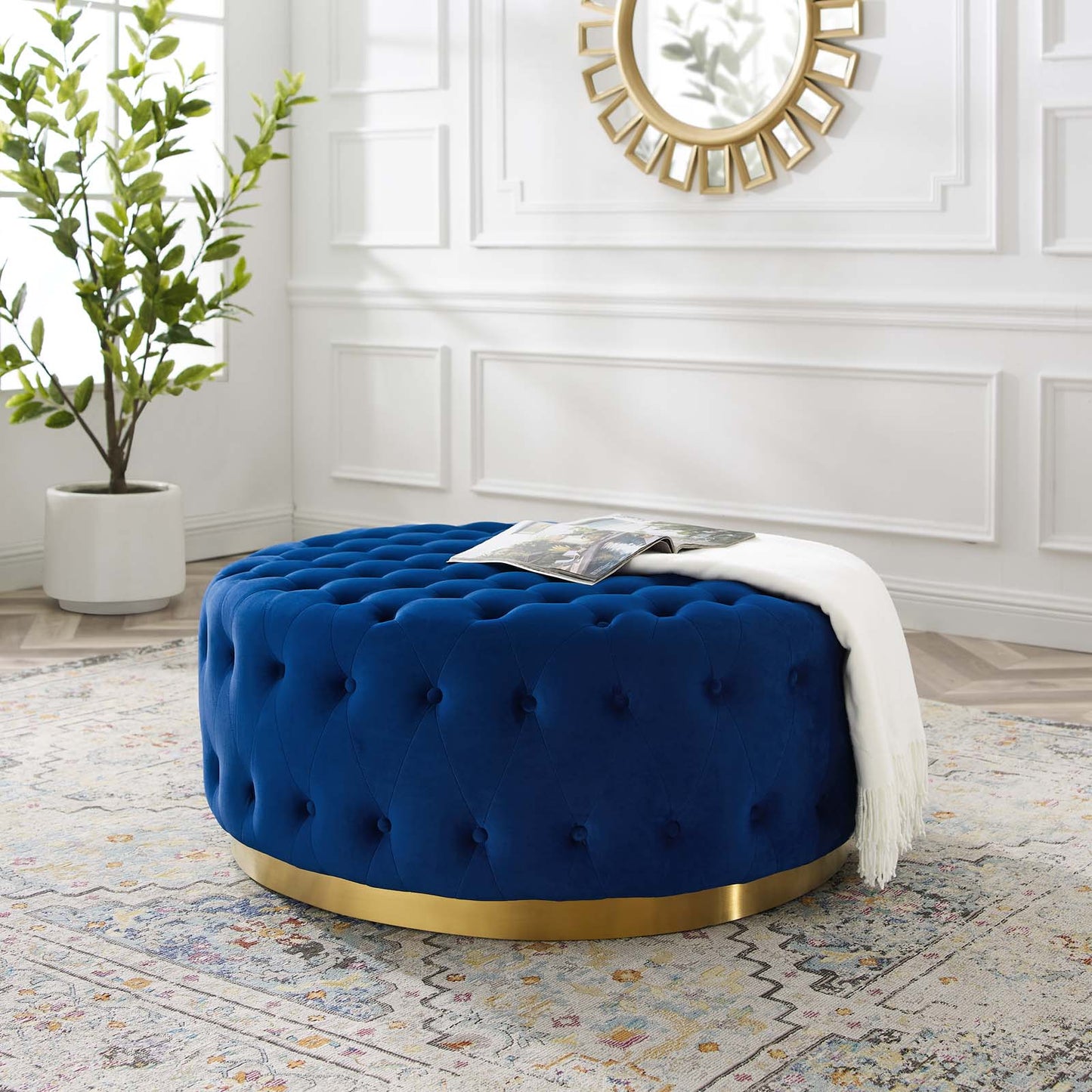 Ensconce Tufted Performance Velvet Round Ottoman, Velvet, Blue Navy, 19781