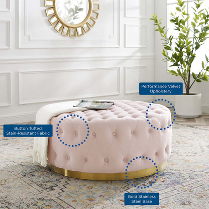 Ensconce Tufted Performance Velvet Round Ottoman, Velvet, Pink, 19782