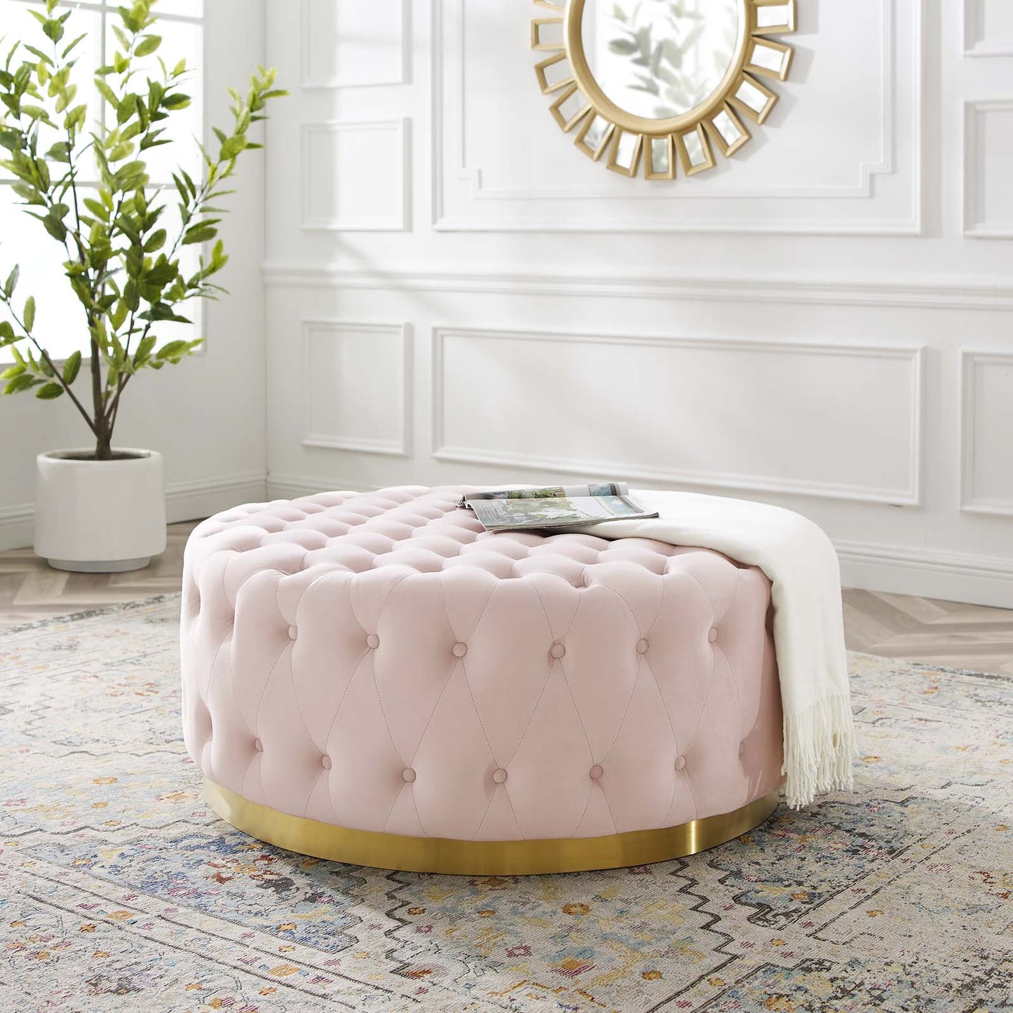 Ensconce Tufted Performance Velvet Round Ottoman, Velvet, Pink, 19782