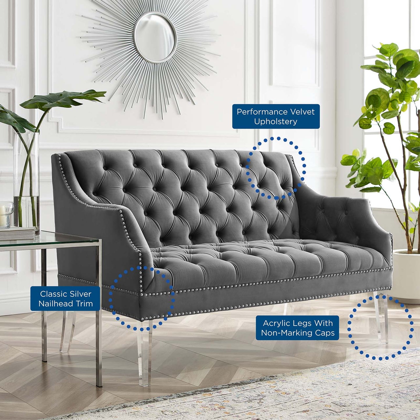 Proverbial Tufted Performance Velvet Loveseat, Velvet, Grey Gray, 19783