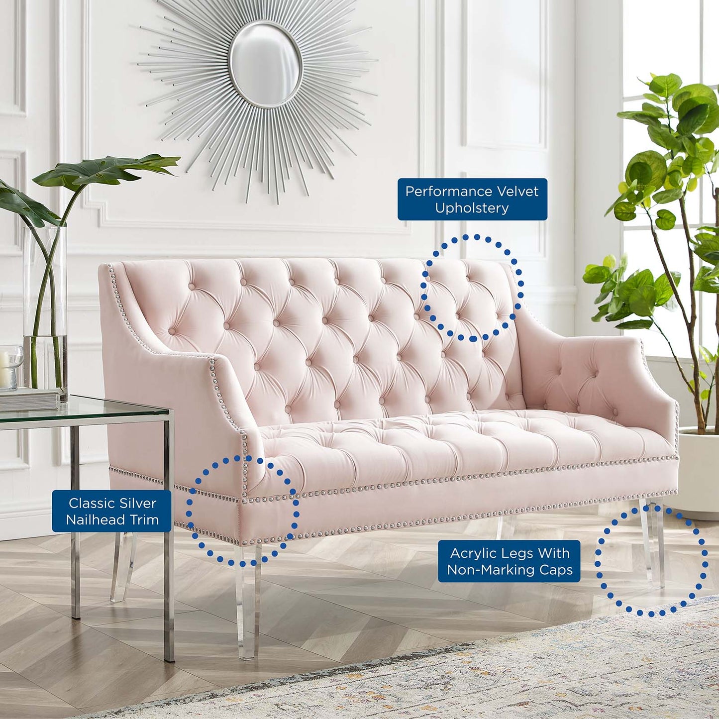 Proverbial Tufted Performance Velvet Loveseat, Velvet, Pink, 19785