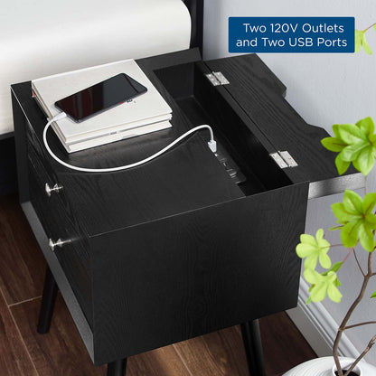 Ember Wood Nightstand With USB Ports, Wood, Black, 19786