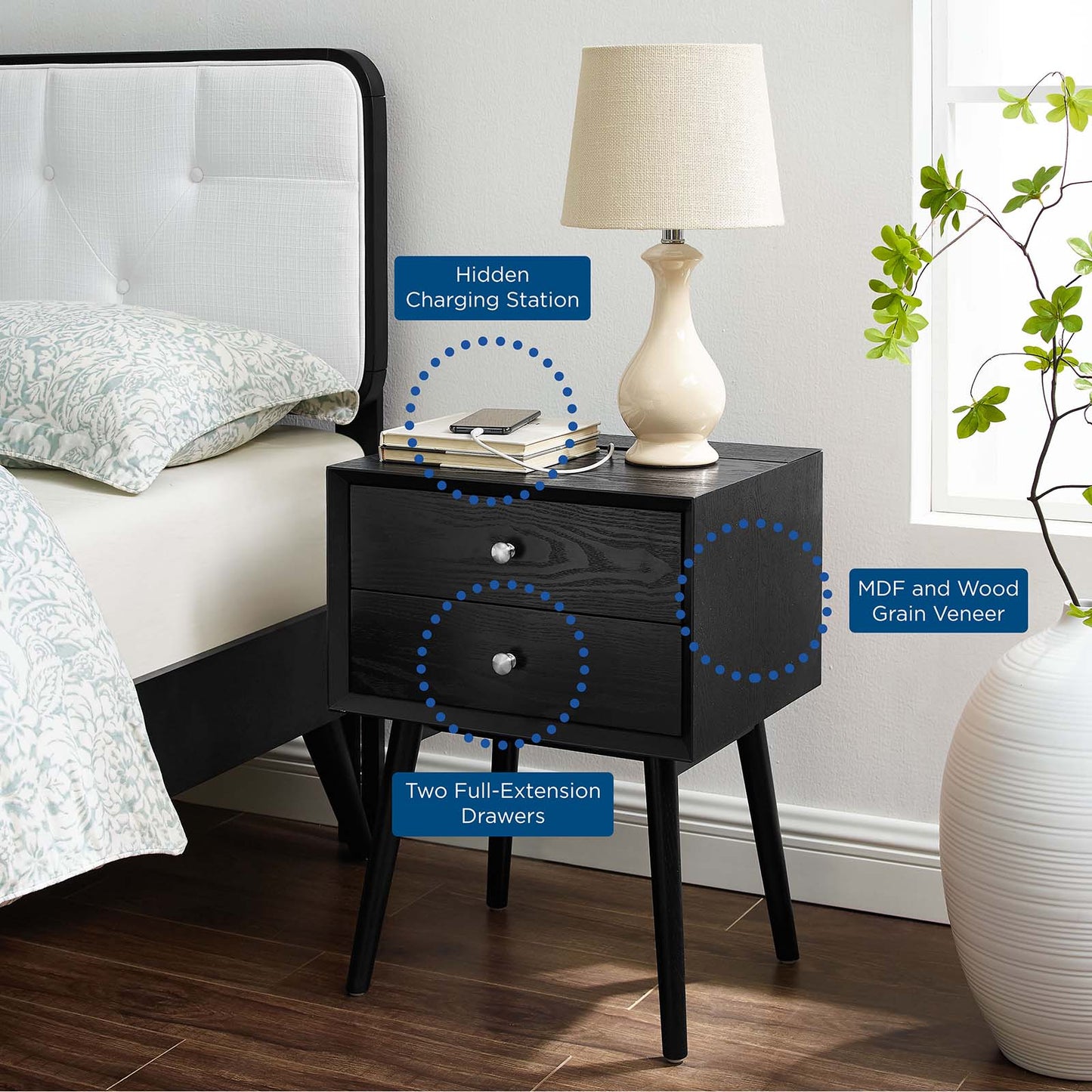 Ember Wood Nightstand With USB Ports, Wood, Black, 19786