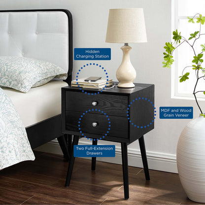 Ember Wood Nightstand With USB Ports, Wood, Black, 19786