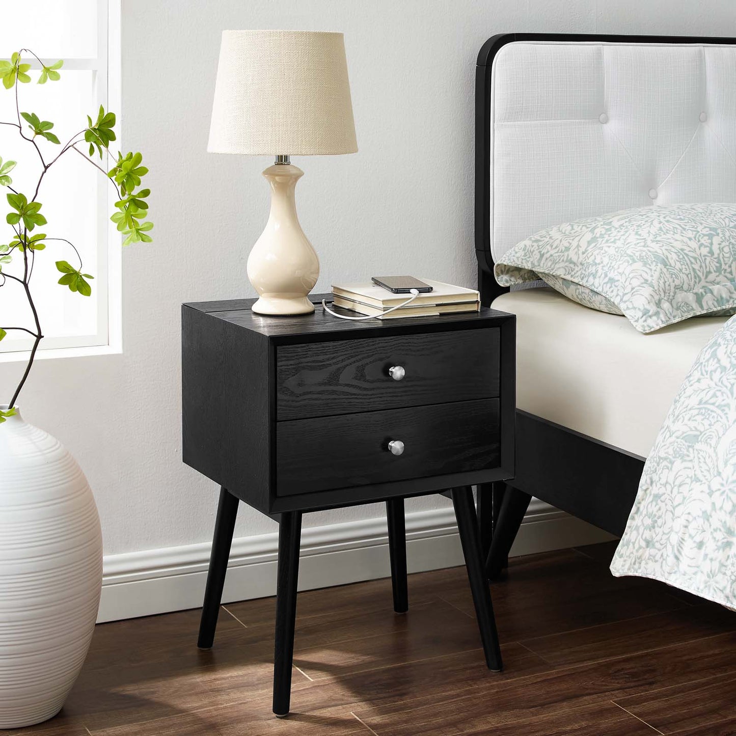 Ember Wood Nightstand With USB Ports, Wood, Black, 19786