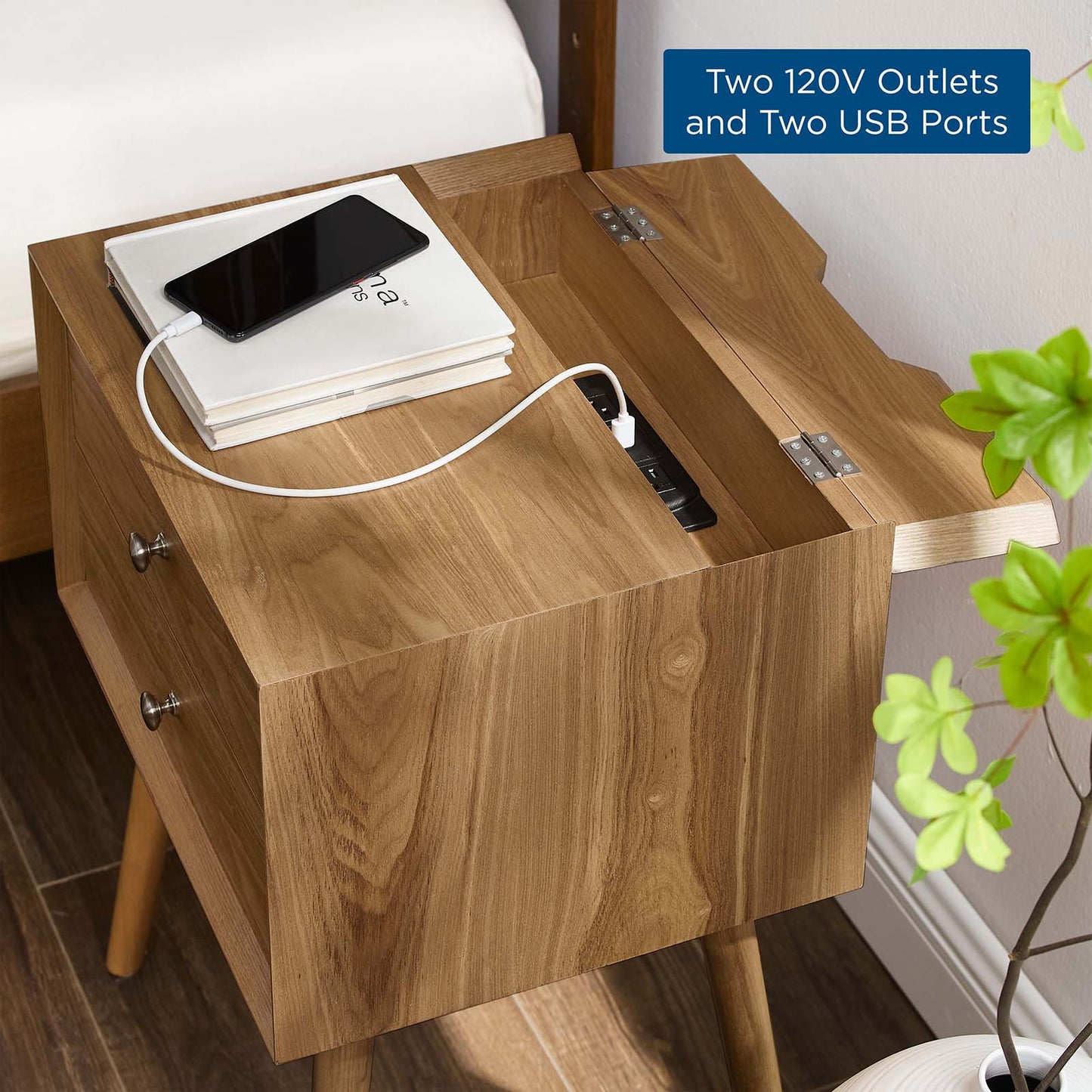 Ember Wood Nightstand With USB Ports, Wood, Brown Natural, 19787