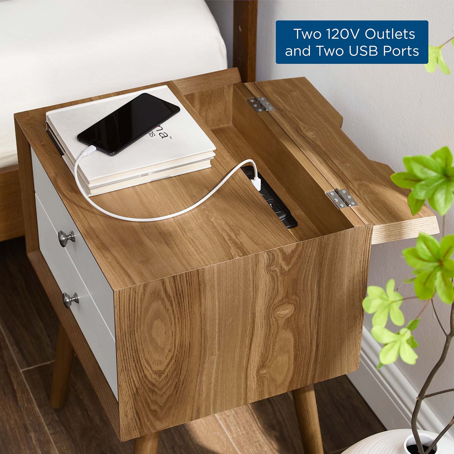 Ember Wood Nightstand With USB Ports, Wood, Brown Natural White, 19788