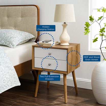 Ember Wood Nightstand With USB Ports, Wood, Brown Natural White, 19788