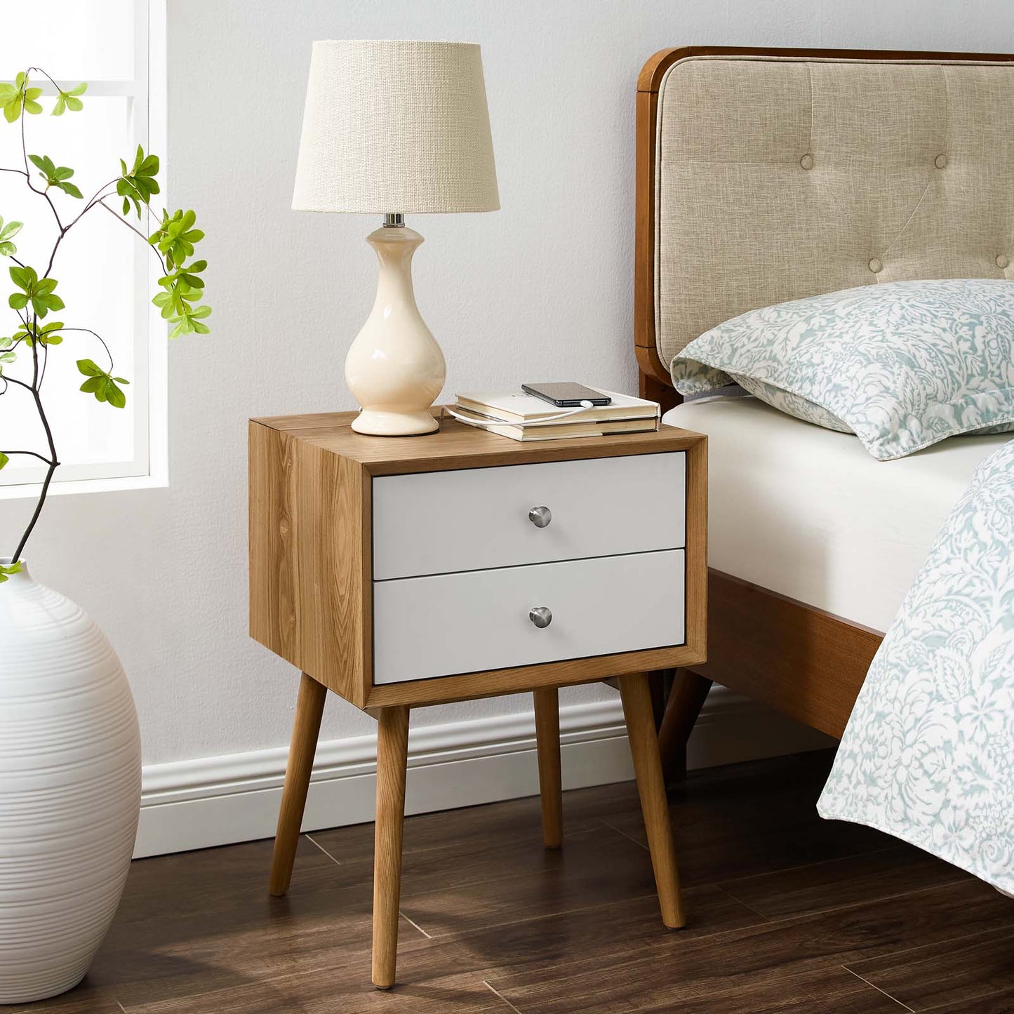 Ember Wood Nightstand With USB Ports, Wood, Brown Natural White, 19788