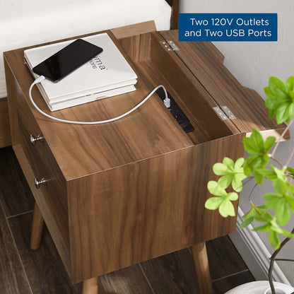 Ember Wood Nightstand With USB Ports, Wood, Brown Walnut, 19789