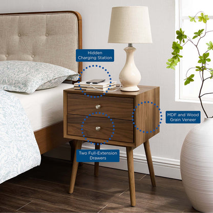 Ember Wood Nightstand With USB Ports, Wood, Brown Walnut, 19789