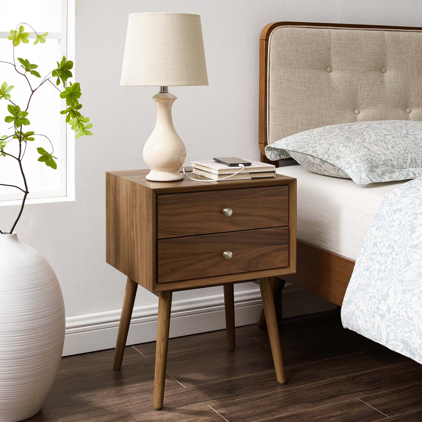 Ember Wood Nightstand With USB Ports, Wood, Brown Walnut, 19789