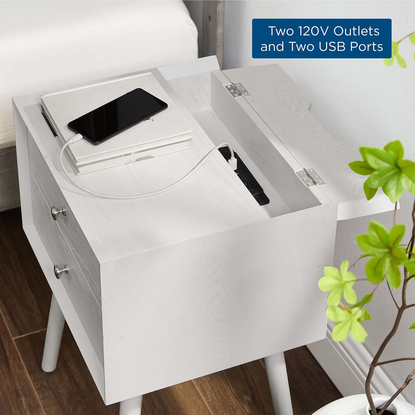 Ember Wood Nightstand With USB Ports, Wood, White, 19790