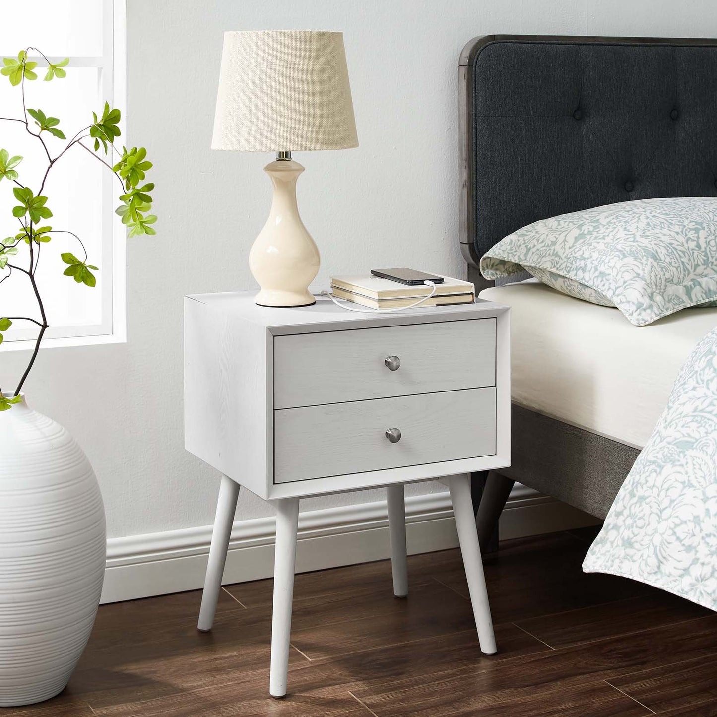 Ember Wood Nightstand With USB Ports, Wood, White, 19790