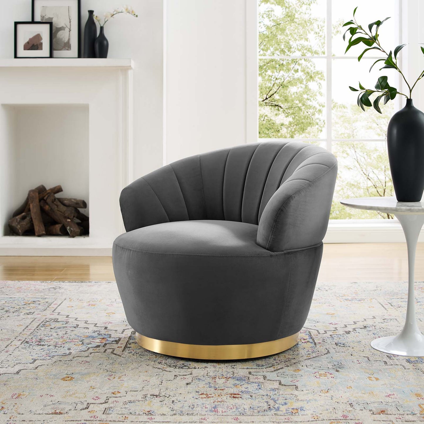 Billow Tufted Performance Velvet Swivel Chair, Velvet, Grey Gray, 19792