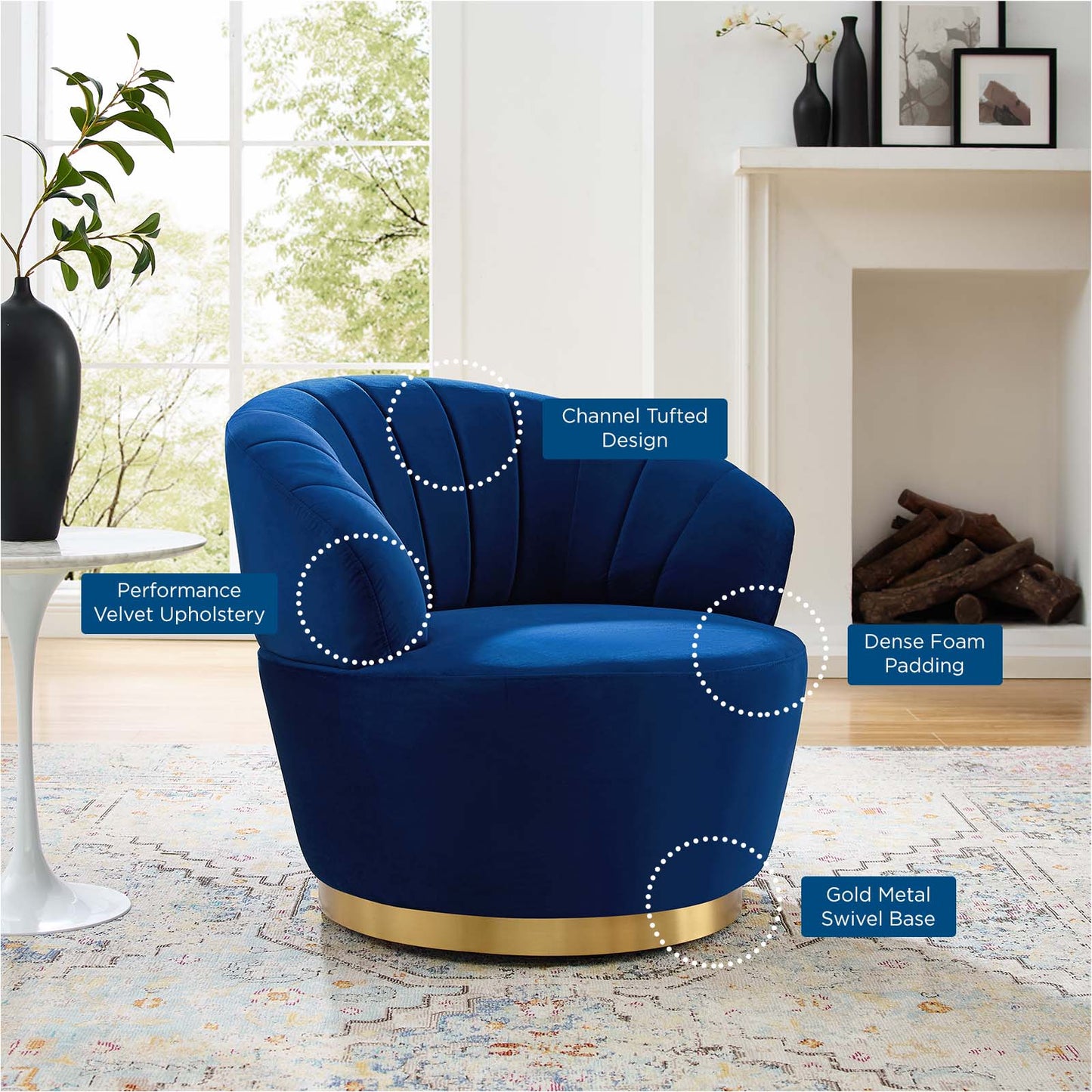 Billow Tufted Performance Velvet Swivel Chair, Velvet, Blue Navy, 19793