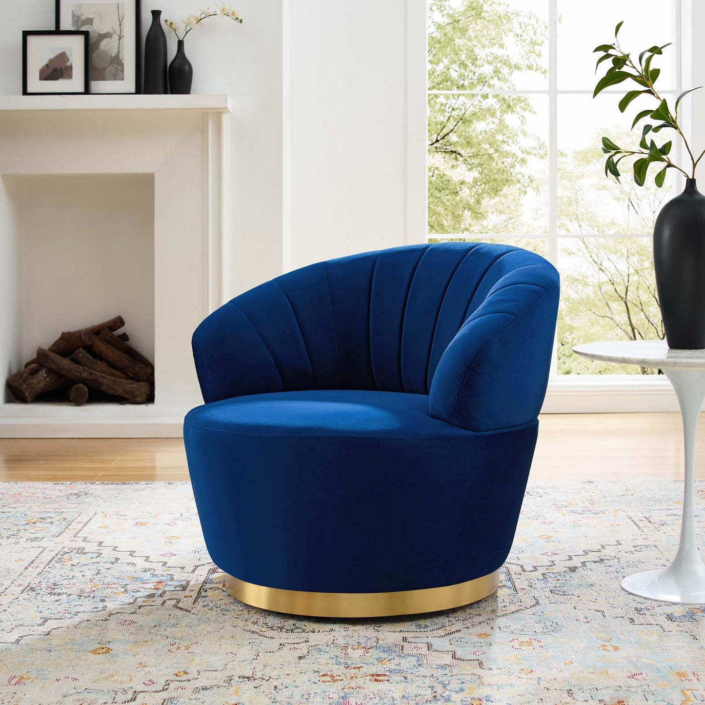 Billow Tufted Performance Velvet Swivel Chair, Velvet, Blue Navy, 19793