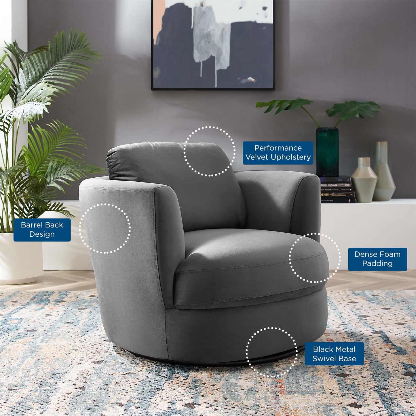 Pirouette Performance Velvet Swivel Armchair, Velvet, Grey Gray, 19795