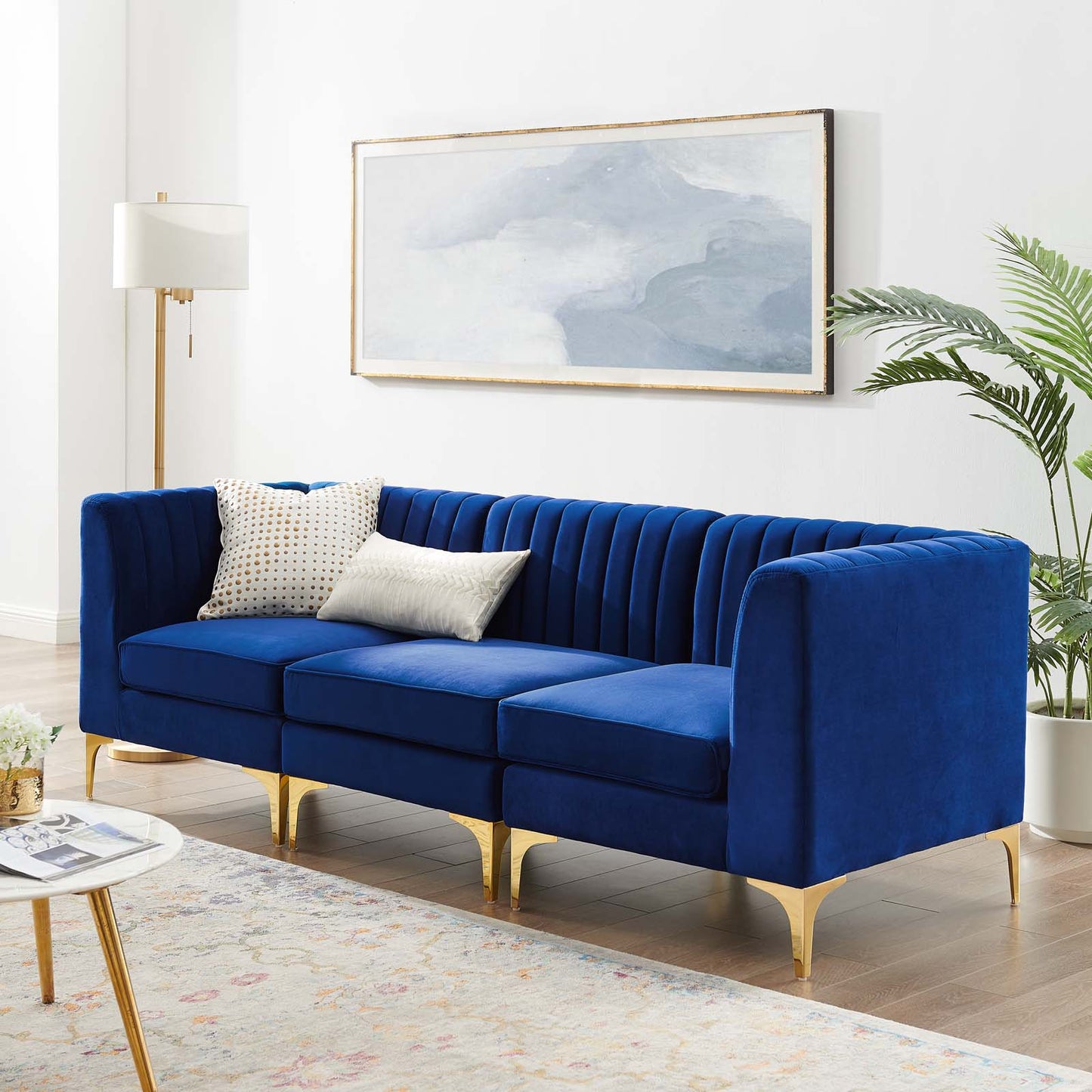 Triumph Channel Tufted Performance Velvet 	3-Seater Sofa, Velvet, Blue Navy, 19801