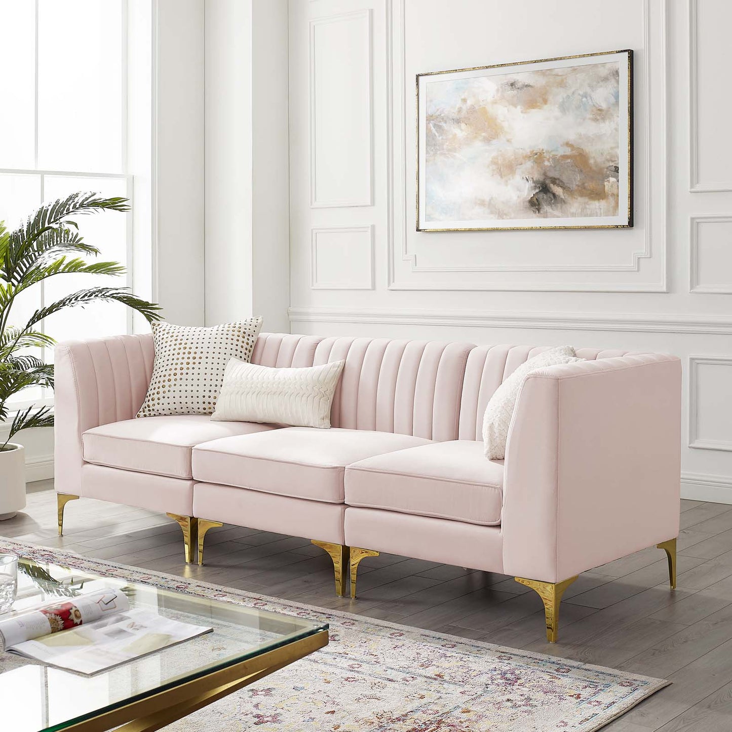 Triumph Channel Tufted Performance Velvet 	3-Seater Sofa, Velvet, Pink, 19802