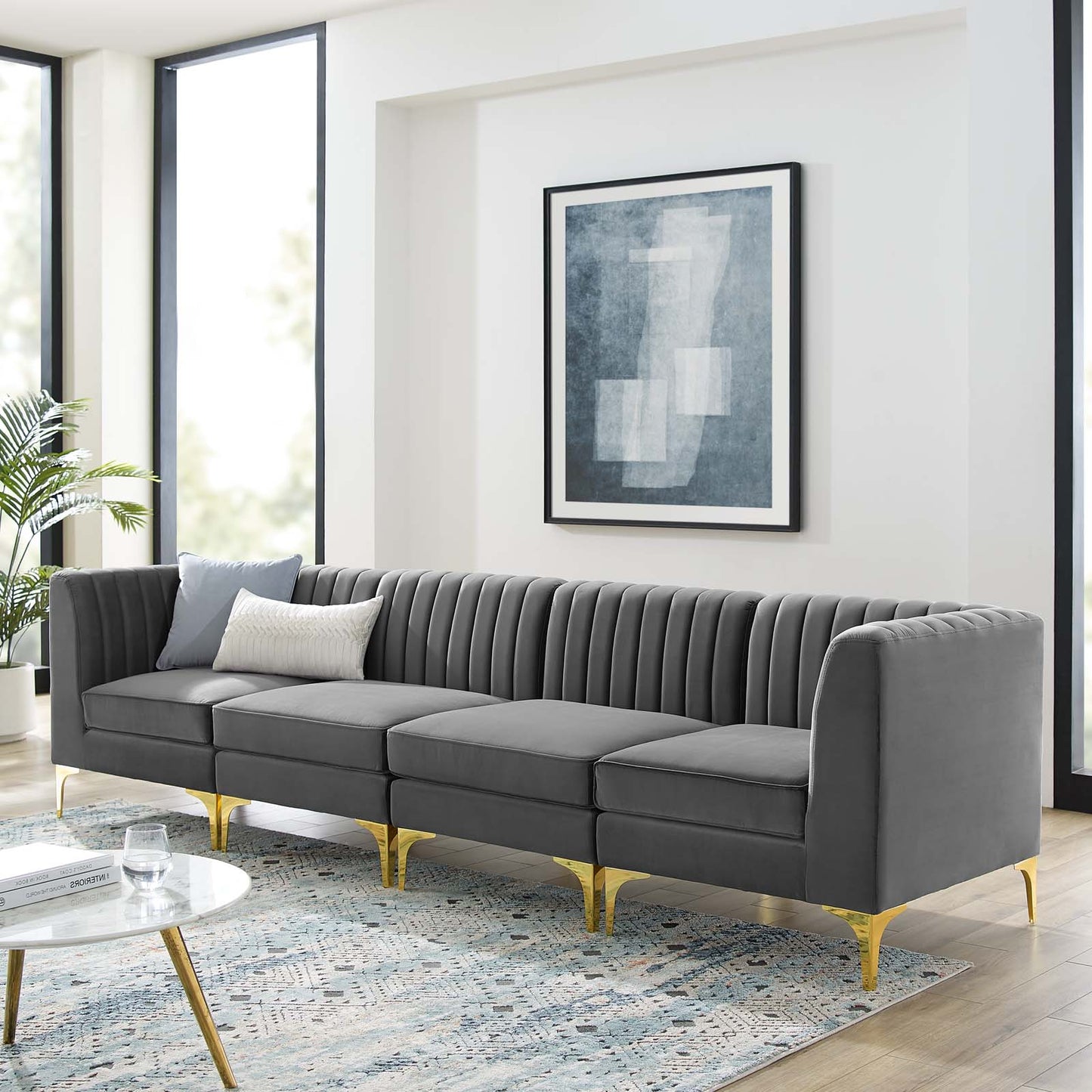 Triumph Channel Tufted Performance Velvet 4-Seater Sofa, Velvet, Grey Gray, 19803