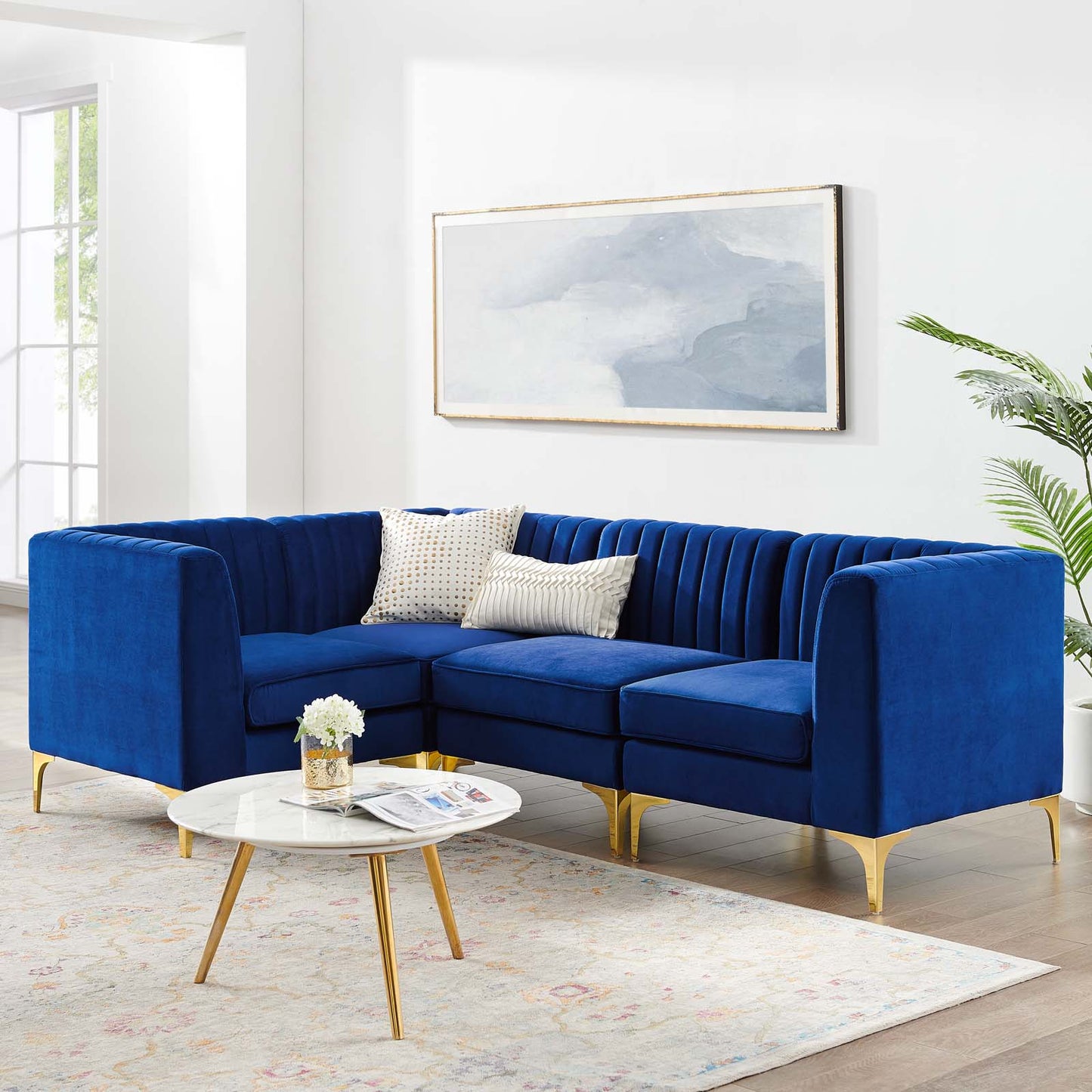 Triumph Channel Tufted Performance Velvet 4-Piece Sectional Sofa, Velvet, Blue Navy, 19807
