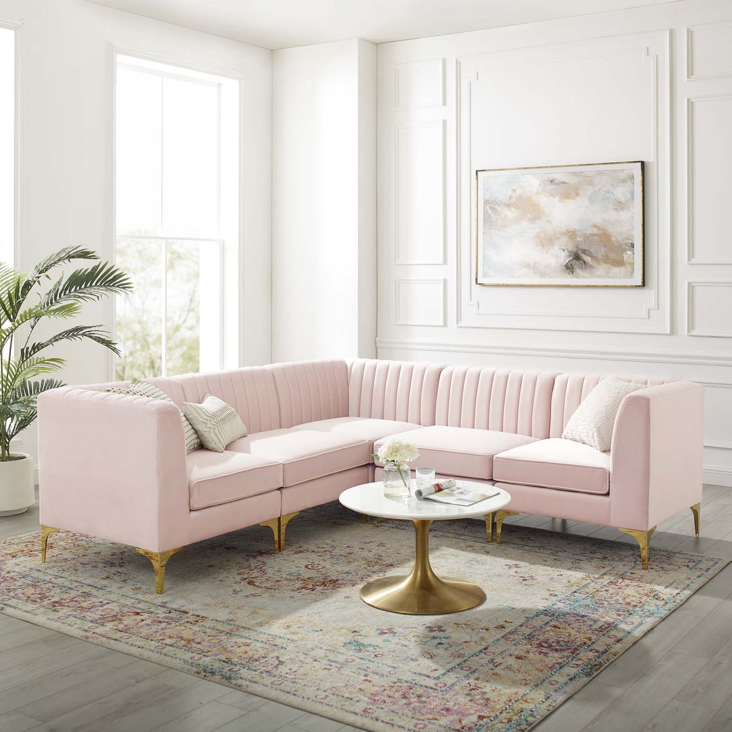 Triumph Channel Tufted Performance Velvet 5-Piece Sectional Sofa, Velvet, Pink, 19811