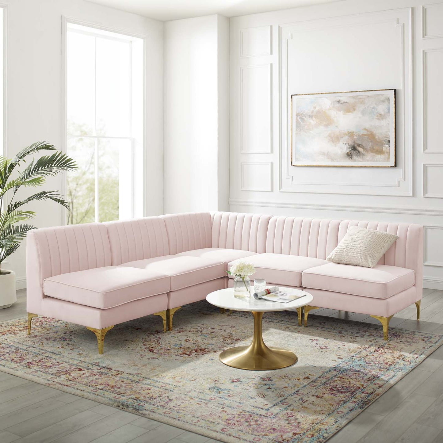 Triumph Channel Tufted Performance Velvet 5-Piece Sectional Sofa, Velvet, Pink, 19814