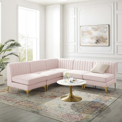Triumph Channel Tufted Performance Velvet 5-Piece Sectional Sofa, Velvet, Pink, 19814