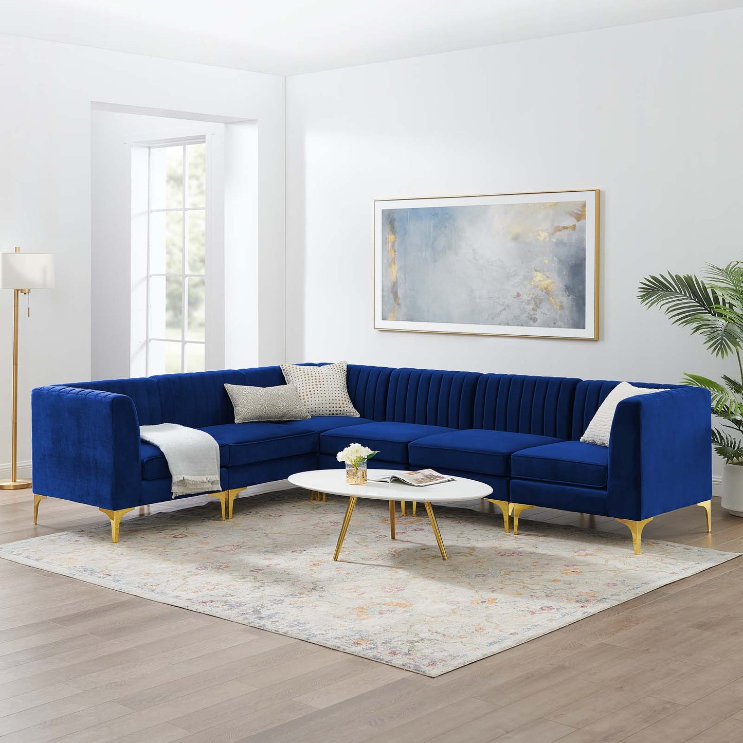 Triumph Channel Tufted Performance Velvet 6-Piece Sectional Sofa, Velvet, Blue Navy, 19816