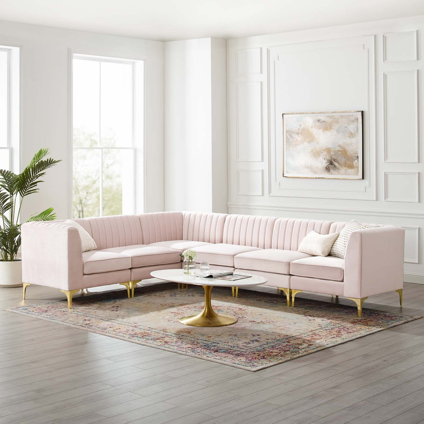 Triumph Channel Tufted Performance Velvet 6-Piece Sectional Sofa, Velvet, Pink, 19817