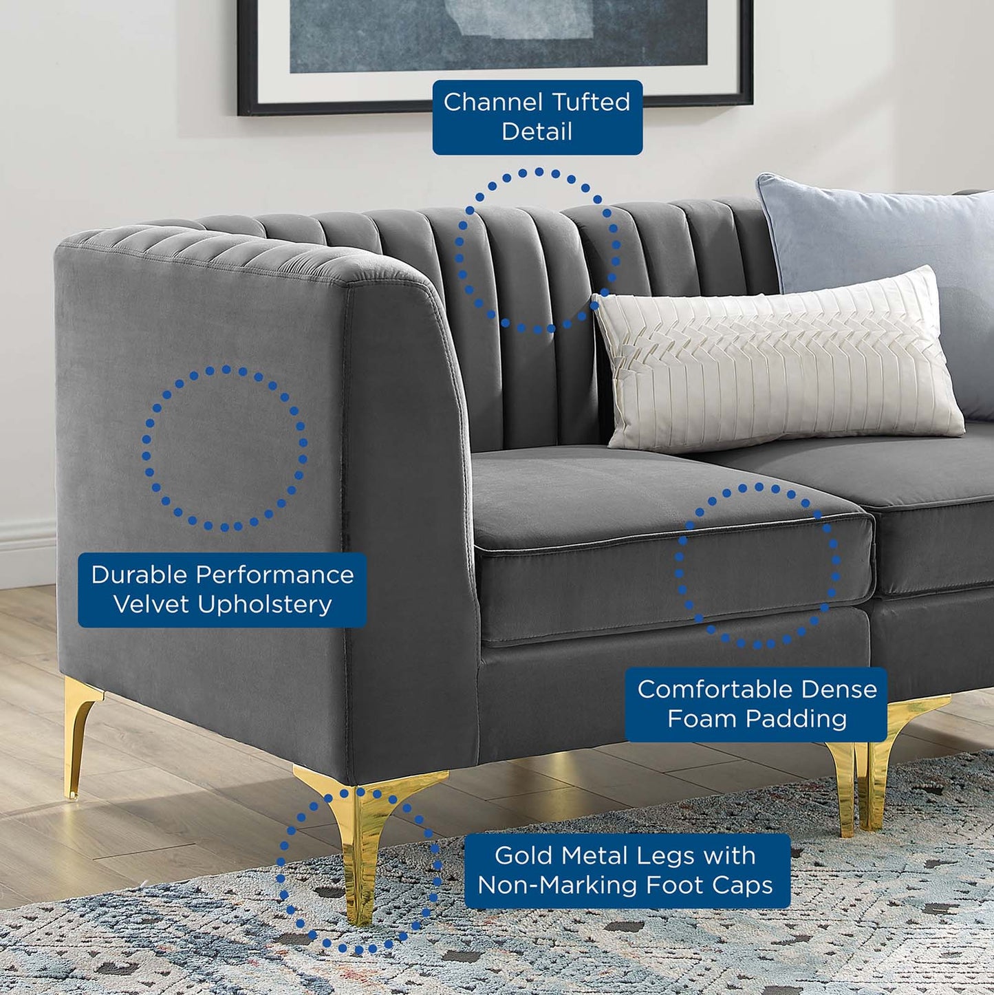 Triumph Channel Tufted Performance Velvet 8-Piece Sectional Sofa, Velvet, Grey Gray, 19818