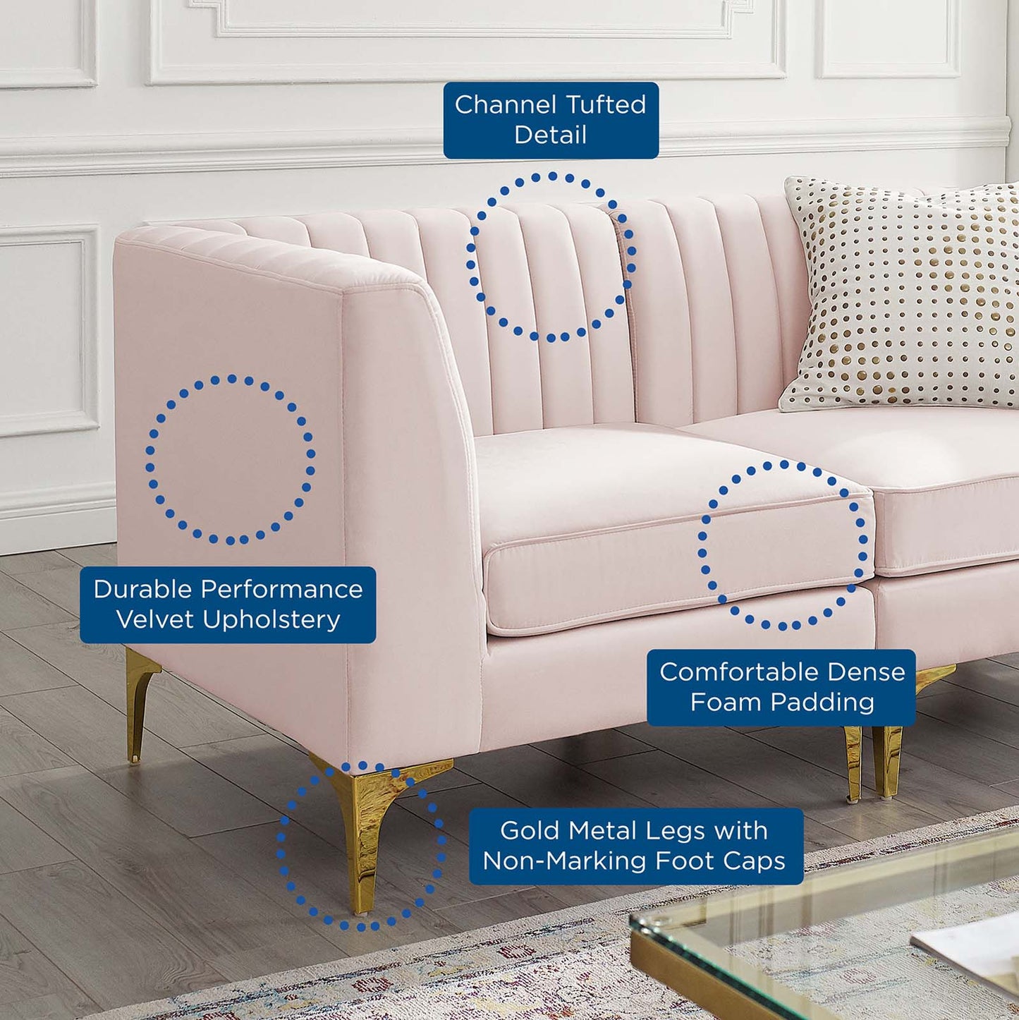 Triumph Channel Tufted Performance Velvet 8-Piece Sectional Sofa, Velvet, Pink, 19820