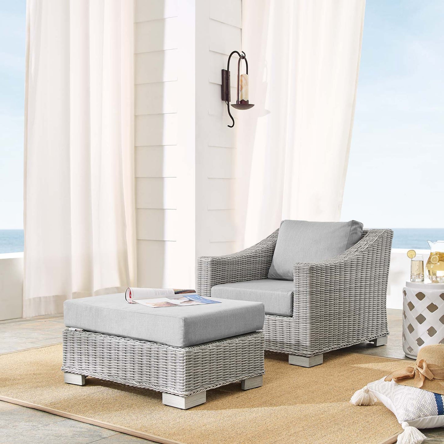 Conway Sunbrella® Outdoor Patio Wicker Rattan 2-Piece Armchair and Ottoman Set, Rattan, Wicker, Grey Gray, 19821