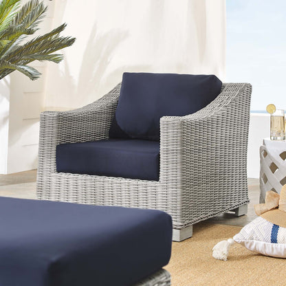 Conway Sunbrella® Outdoor Patio Wicker Rattan 2-Piece Armchair and Ottoman Set, Rattan, Wicker, Light Grey Gray Blue Navy, 19822