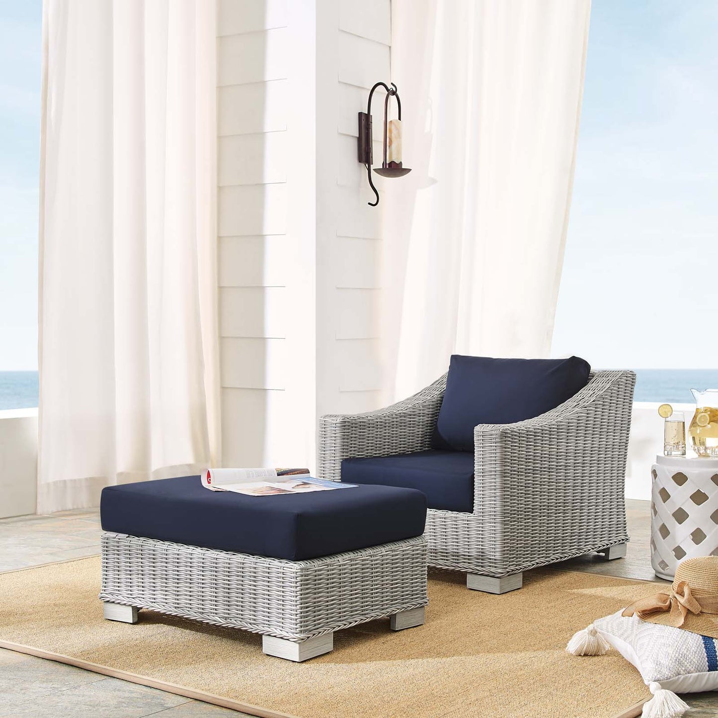 Conway Sunbrella® Outdoor Patio Wicker Rattan 2-Piece Armchair and Ottoman Set, Rattan, Wicker, Light Grey Gray Blue Navy, 19822