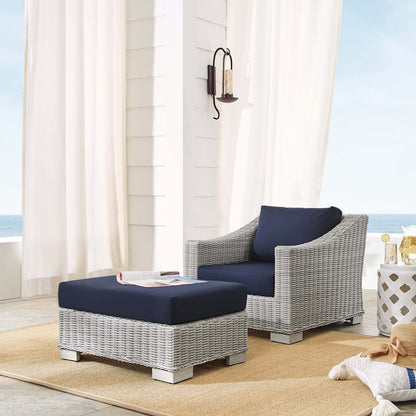 Conway Sunbrella® Outdoor Patio Wicker Rattan 2-Piece Armchair and Ottoman Set, Rattan, Wicker, Light Grey Gray Blue Navy, 19822