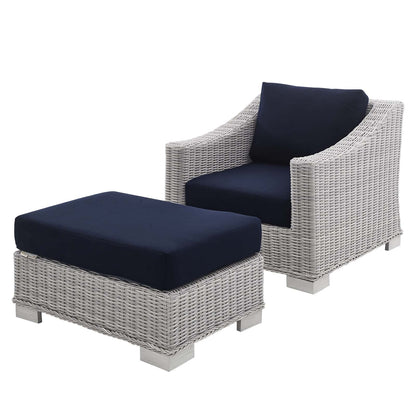 Conway Sunbrella® Outdoor Patio Wicker Rattan 2-Piece Armchair and Ottoman Set, Rattan, Wicker, Light Grey Gray Blue Navy, 19822