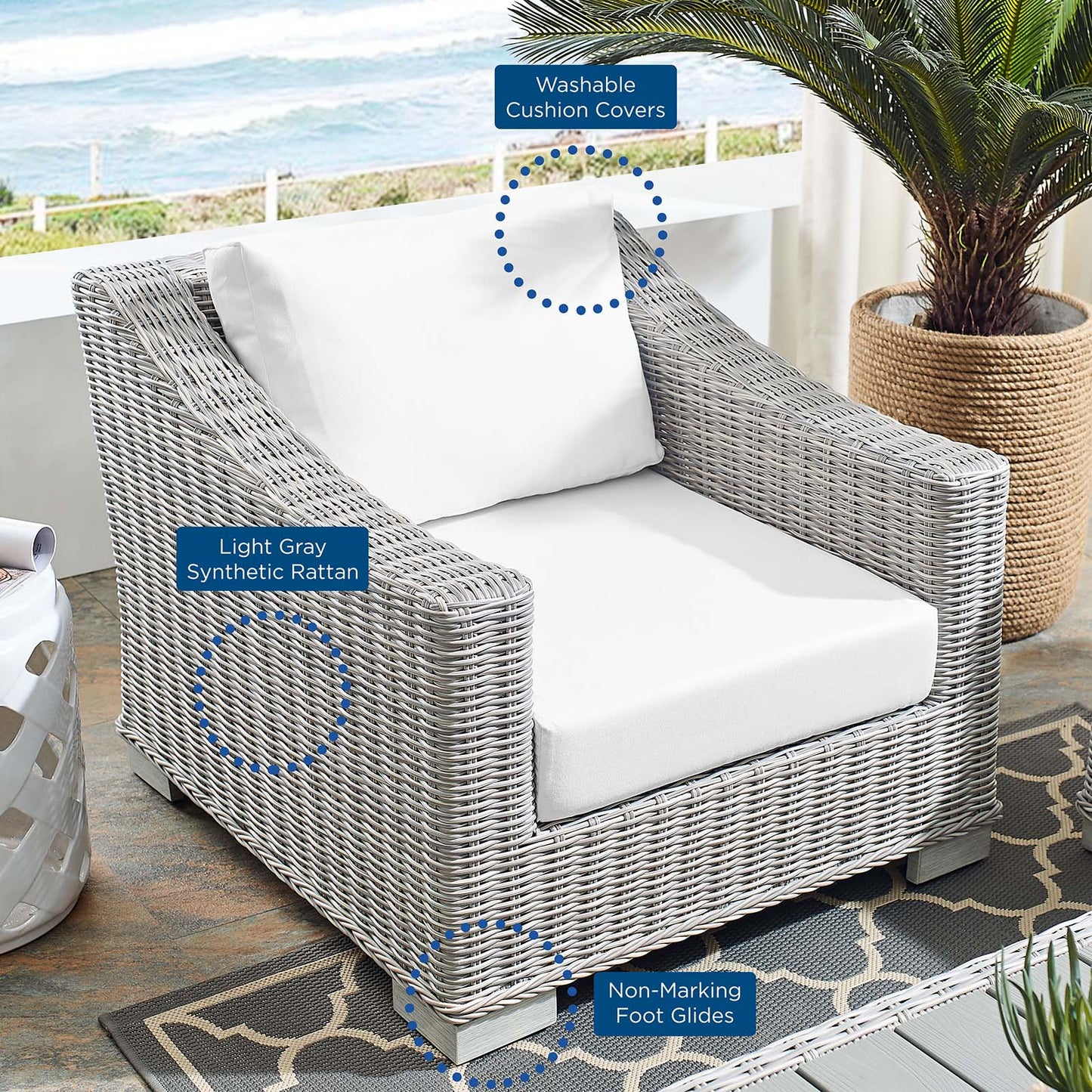 Conway Sunbrella® Outdoor Patio Wicker Rattan 2-Piece Armchair and Ottoman Set, Rattan, Wicker, Light Grey Gray White, 19823