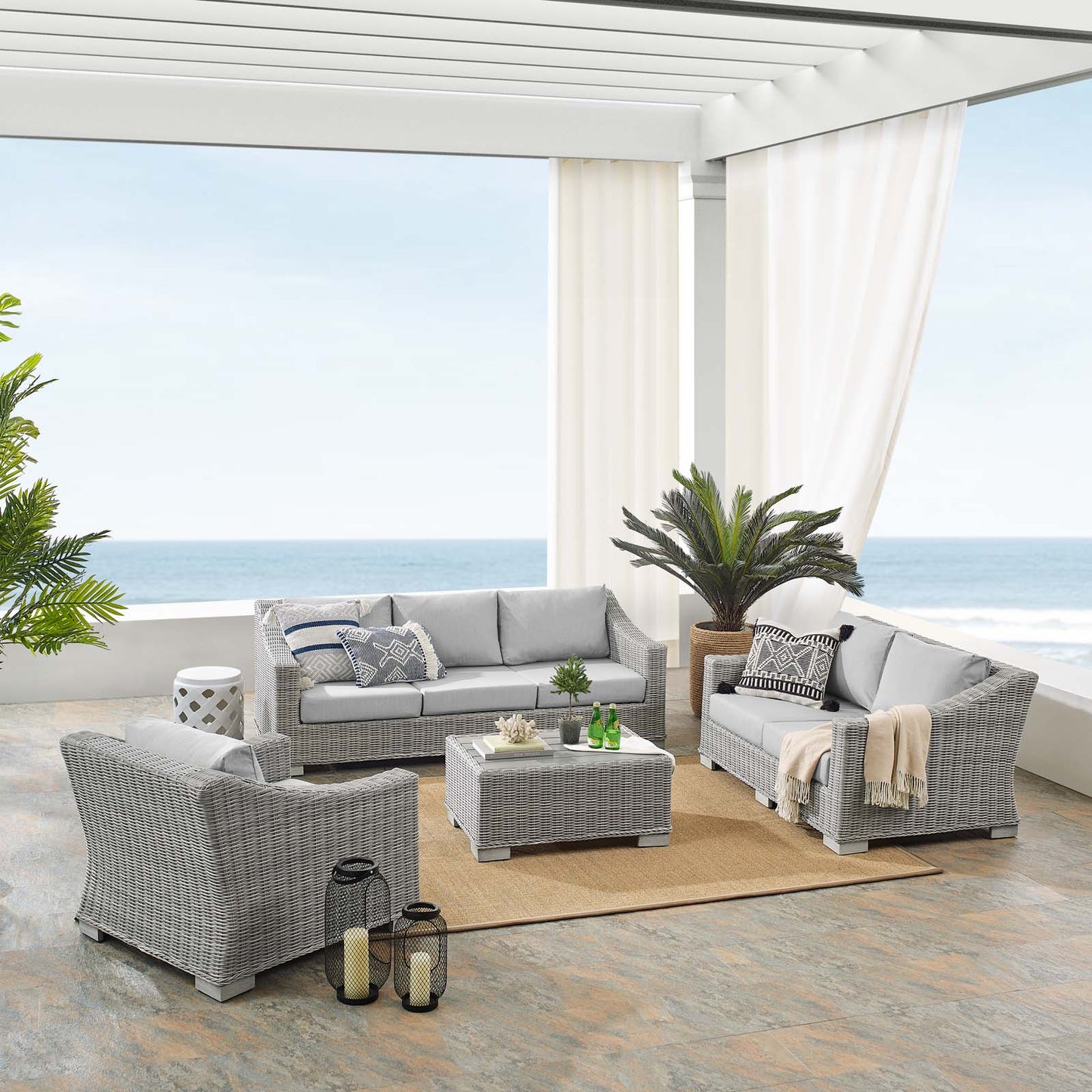 Conway Sunbrella® Outdoor Patio Wicker Rattan 4-Piece Furniture Set, Rattan, Wicker, Grey Gray, 19824