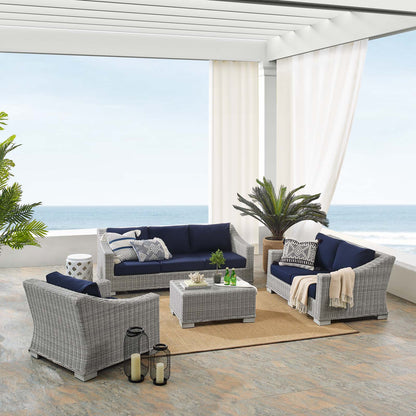 Conway Sunbrella® Outdoor Patio Wicker Rattan 4-Piece Furniture Set, Rattan, Wicker, Light Grey Gray Blue Navy, 19825